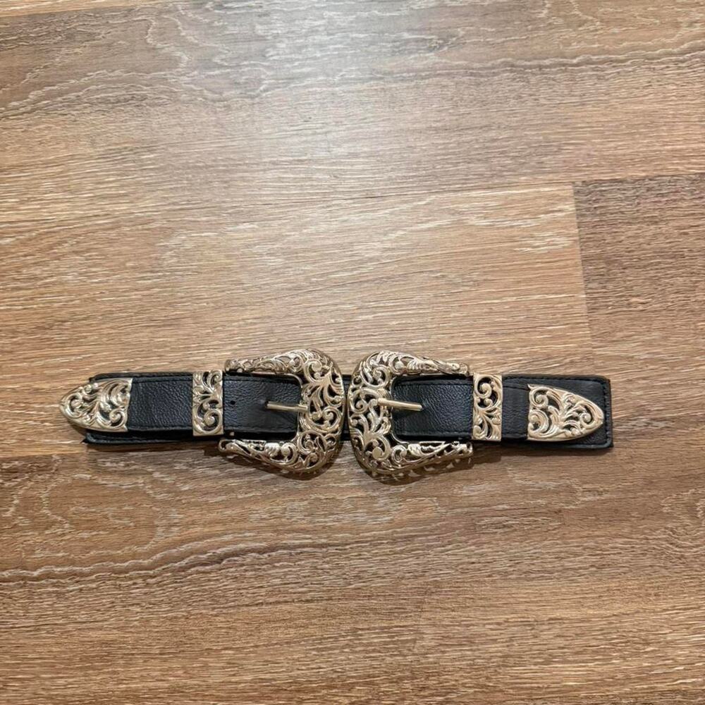 Black faux leather double buckle belt